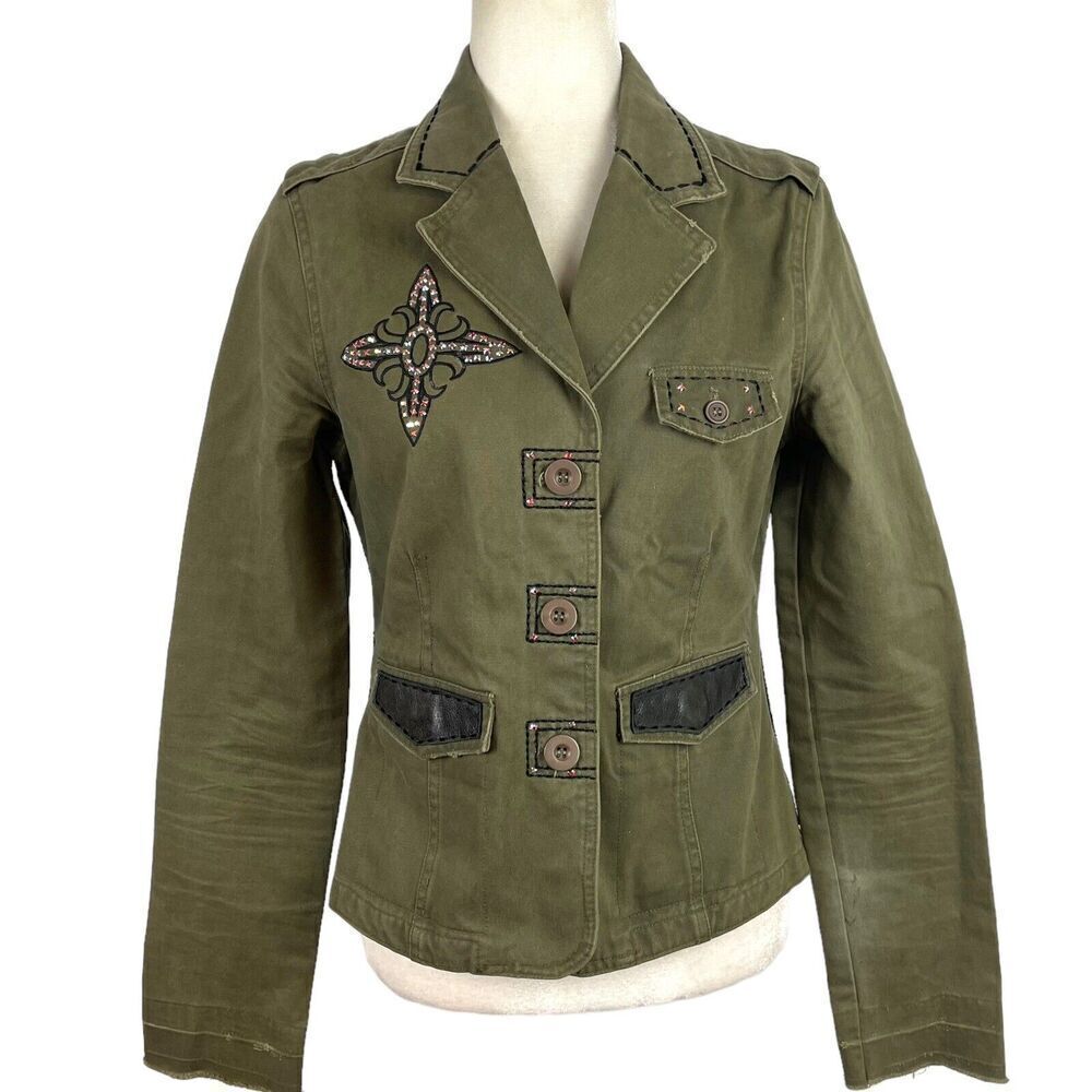 Jaded By Knight Womens Medium Olive Green Egal Leather Military Jacket Studded